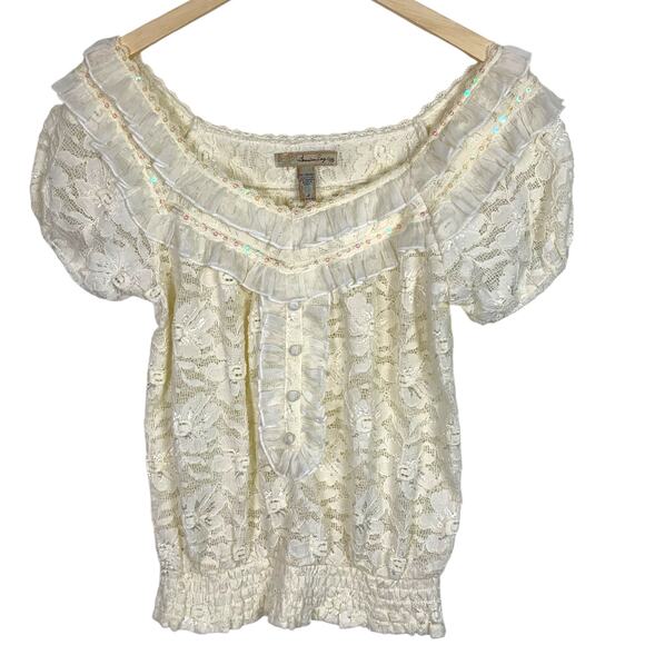American Rag Cie Tops - AMERICAN RAG Women L Ivory Floral Lace Sequin Trim Peasant Smocked Top